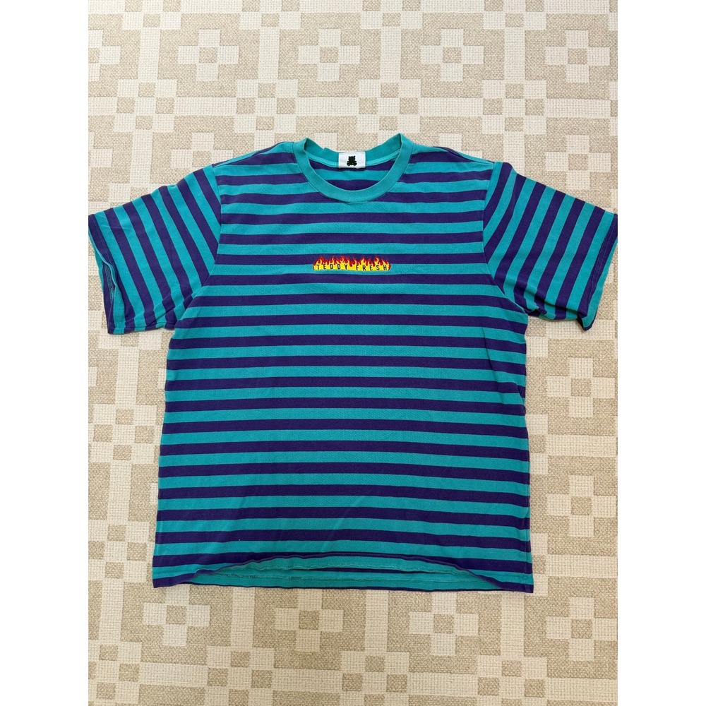 Teddy Fresh Mens XL Striped Flame Logo T-Shirt Teal Purple Short Sleeve Tee